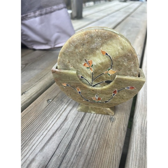 Soap Stone Coaster Set Of 4 With Mother Of Pearl Inlay Of Flowers Mint Condition - Picture 1 of 16